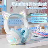 Wireless Cat Ear Gaming Headset with RGB Lights Tri-Mode (2.4G Wireless/Bluetooth/Wired) Over-Ear Headphones with Mic, 50mm Drivers, Low Latency,