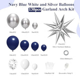 130pcs Navy Blue Silver Balloon Arch Kit with Stars for Birthday Events