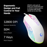 Rampage Spear V2 White Wired Gaming Mouse With Rgb Lighting – 12800 Dpi, 7 Programmable Buttons, Lightweight Ergonomic Gaming Mouse For Pc/Mac/Laptop Gamers