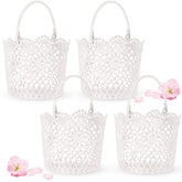 White Flower Girl Basket With Handle For Wedding Ceremony, 5.9 X 4.72 X 4.33 Inch