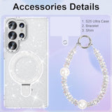 Silver glitter Galaxy S25 Ultra case with kickstand, bracelet, and shockproof design.