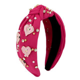 Valentine'S Day Headband For Women Girls Rose Pink Pearl Rhinestone Hairband Love Heart Knotted Headbands Crystal Jeweled Wide Top Knot Headpiece Valentines Hair Accessories Party Holiday Gifts