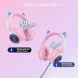 Cat Ear Gaming Bluetooth 5.3 Wireless Foldable Headphones with LED Light, Stereo Game Surround Sound Over-Ear Headsets with Microphone AUX for PC,