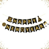 Happy New Year Banner 2026 Black Gold Party Supplies Backdrop Decorations