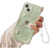 Compatible For Iphone 15 3D Butterfly Floral Clear With Design Aesthetic Women Teen Girls Glitter Pretty Crystal Sparkle Sparkly Cute Girly Phone Cases Protective Cover+Pearl Chain-Clear
