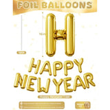 16in Gold Happy New Year Foil Balloon with Straw and Ribbon for NYE Decor