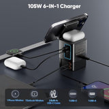 6-In-1 Charging Station For Apple 105W, Magnetic Wireless Charger With 65W Retractable Cable, Wireless Charger Stand, Fast Charging Stand Dock For Magsafe, Iphone16-13 Series, Airpods, Laptops