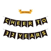 Cheers To 32 Years Banner, Black Gold, 7.9" X 197" Fishtail Pennant, 32Nd Birthday & Anniversary Occasion, Indoor/Outdoor Use