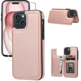 Wallet Case Compatible With Iphone 15,Slim Protective Case With Card Holder,Premium Pu Leather Kickstand Card Slots Case With 1 Screen Protective Glass For Iphone 15 (6.1")-Rose Gold