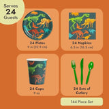 144-Piece Dinosaur Birthday Party Decorations Set With Plates, Cups, Napkins & Cutlery - Serves 24 - Green & Blue Dino Fossil Paper Plates & Cups - Disposable & Easy Cleanup