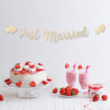 Just Married Banner, Pre-Strung Hearts Wedding Banner Just Married Bunting Sign Mr And Mrs Decor Garland For Wedding Bridal Shower Bachelor Reception Ceremony Party Car Decoration (Champagne Gold)