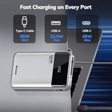 Laptop Power Bank 65W 20000Mah Portable Charger With Built-In Usb-C Cable, 3-Port Fast Charging Battery Pack For Macbook Iphone 16/15 Series Android Switch Travel Essential Silver
