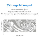 Fluid Pattern Xxl Mouse Pad,Thicken Waterproof Grey White Swirl Large Gaming Mousepad With Stitched Edge, Aqua Swirl Mousepad,Non-Slip Base Ink Liquid Mouse Keyboard Mat 31.5X15.7X0.16In