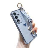 Compatible With Samsung Galaxy S25 Case, Electroplated Edge Love Heart Case With Wrist Strap, Full Camera Protection Raised Reinforced Corners Shockproof Soft Tpu Cover, Blue