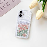 Compatible With Iphone 16 Case Clear With Card Holder Cute Flower Floral Leave Pattern For Women Girl Shock Absorbing Soft Tpu Wallet Case Protective Phone Cover - White