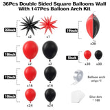 36Pcs Red And Black Square Foil Balloons Wall Backdrop With 147Pcs Balloon Garland Arch Kit, Double Sided Balloons For Birthday Prom Anniversary New Year Graduation Bbq Casino Party Decorations