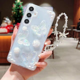 For Samsung Galaxy A16 5G Clear Glitter Case, Cute 3D Butterfly Floral Crystal Pearl Bling Sparkle Shiny With Wrist Strap Soft Tpu Aesthetic Women Girls Phone Case For Galaxy A16 6.7" (Clear)