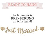 Pre-Strung Just Married Banner - No Diy - Gold Glitter Wedding Party Banner In Script - Pre-Strung Garland On 6 Ft Strand - Gold Wedding Reception Party Decorations & Decor. Did We Mention No Diy