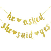 He Asked She Said Yes Gold Glitter Banner - Wedding, Engagement, Bridal Shower Party Decorations