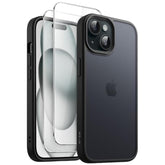 JETech 3 in 1 Matte Case for iPhone 15 6.1-Inch with 2-Pack Tempered Glass Screen Protector, Translucent Frosted Shockproof Phone Cover (Black)