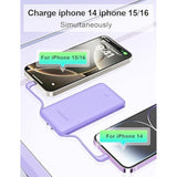 Ultra Slim 10000Mah Power Bank Built-In Cables And Foldable Ac Wall Plug, Pocket Size Usb C Portable Charger, External Battery Pack Compatible With Iphone Samsung Ipad Etc, Purple