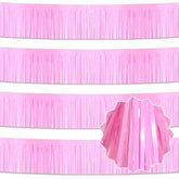 4 Pack 10 Ft Macaron Pink Foil Fringe Garland Metallic Streamers Tinsel Banner Wall Hanging Garland Backdrop For Parade Floats, Graduation, Theme Party, Carnival, Birthday, Wedding Party Decorations