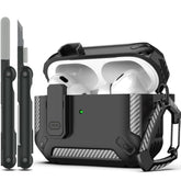 For Airpods Pro Case Cover With Cleaner Kit, Military Hard Shell Protective Armor With Lock For Airpod Pro Charging Case, Front Led Visible,Black