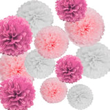 Pink Paper Pom Poms. Tissue Paper Flowers. Hanging Paper Flowers Decorations. Pack Of 12. For Wedding, Birthday, Party Decor. 12", 10", 8".