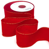 Red Velvet Wired Ribbon,Velvet Ribbon With Gold Metallic Edge, 2-1/2 I