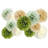 Sage Olive Green Tissue Paper Pom Poms,Hanging Olive Green Tan Paper Flowers For Bridal Baby Shower Woodland Wild Jungle Birthday Party Decorations,12Pcs
