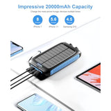 Power-Bank-Solar-Charger - 20000Mah Power Bank, Portable Charger, External Battery Pack 5V/3A Type C Input Output Dual Built-In Super Bright Flashlight, Carabiner, Solar Panel Charging