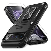 Case For Google Pixel 9 Pro Xl With Slide Camera Cover+Screen Protector(1 Pack), Rotated Ring Kickstand Military Grade Shockproof Protective Cover-Black