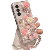 For Samsung Galaxy A16 5G Glitter Bling Case,Cute Luxury 3D Sparkle Crystal Rhinestone Flowers Diamond Pearl With Lanyard Wrist Strap Women Girls Phone Case For Galaxy A16 5G 6.7 Inch (Pink)