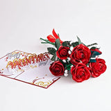 Valentine’S Day Set Of 1 Pop-Up Card & 6 Paper Handcrafted Roses For Her - 3D Greeting Cards For Boys, Girls, Men, Women - 5" X 7" Card & 12" Rose - Blank Notecard & Envelope Included
