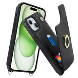 Iphone 15 Case With Card Holder Strap Lanyard Ring Stand 6.1 Inch Black