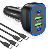 72W 4-Port Usb C Super Fast Car Charger For Iphone 16 Pro Max/Plus/15, Samsung Galaxy S25 Ultra/S24/S23 Fe/A55, Pixel 9 Car Usb Charger Multi Port For Family Travel With 2 Pack Type C Cord
