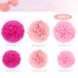 16Pcs Party Decorations - Hot Pink Pom Poms, Paper Flowers For Wedding, Birthday, Engagement Receptions & Bridal Shower