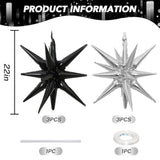 6pc Black & Silver Explosion Star Balloons 22" 12-Point Cone Spike Foils