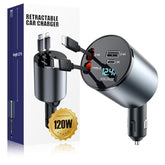 Retractable Car Charger 120W , Upgraded 4 In 1 Fast Car Phone Charger, Retractable Cables And Usb Car Charger Adapter, Compatible With Iphone 16/15/14/13/12 Pro Max , Samsung, Pixel