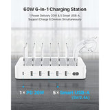 60W 6-Port Charging Station For Multiple Devices, Pd 20W Usb C Fast Charging For Lphone 14/13/12,6 Short Cables Included, 2 In 1 Holder,For Phones,Tablets And Others,White