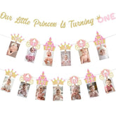 Princess First Birthday Decorations Girl, Princess Theme 1St Birthday Photo Banner Crown Our Little Princess Is Turning One Banner Glitter For 1 Year Old Girl 1St Birthday Party Decorations