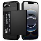 For Iphone 16E Case With Card Holder Dual Layer Heavy Duty Drop Protection Hidden Sliding Card Slot Slim Wallet Phone Case For Iphone 16E For Women Men, 6.1 Inch Black