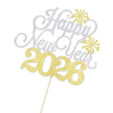 Silver Happy New Year 2026 Cake Topper Party Decorations