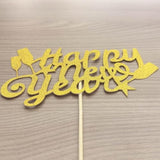 Happy New Year Cake Topper, Gold Glitter Cardstock With Wine Glass And Stars Design