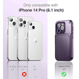 Compatible With Iphone 14 Pro For Women, Men Defender Credit Card Holder Cover With Hidden Mirror, Three Layer Shockproof Heavy Duty Protection Case For Iphone 14 Pro 6.1'' Deep Purple