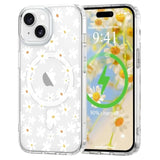 Clear Floral iPhone 15 Case with Magnetic Closure, White