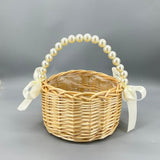 Wicker Rattan Flower Girl Basket with Bows & Pearl Handle for Weddings & Home Decor