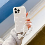 Clear Cute Ribbon Bowknot Aesthetic Phone Case with Charm Bracelet Chain Raised Camera Protection Stylish Soft Durable TPU Protective Cover for iPhone 17e/iPhone 16e - White