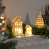 Ceramic Christmas Village Houses, 3Pcs Led Lighted Porcelain White Small House And Xmas Tree Tabletop Figurines, Light Up Christmas Decorations For Home Shelf Cabinet Table Winter Decor