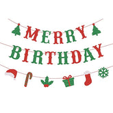 Merry Birthday Banner, 3Pcs Glittery Merry Christmas Birthday Banner, Red & Green Christmas Party Home Mantle Decorations